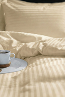 83 Tel (210 TC) Pamuk Saten Çizgili Nevresim Takımı - Tek Kişilik - Bej